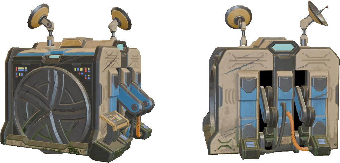 The ancient AI core. It has a door and communication dishes. It is worn and covered in moss.