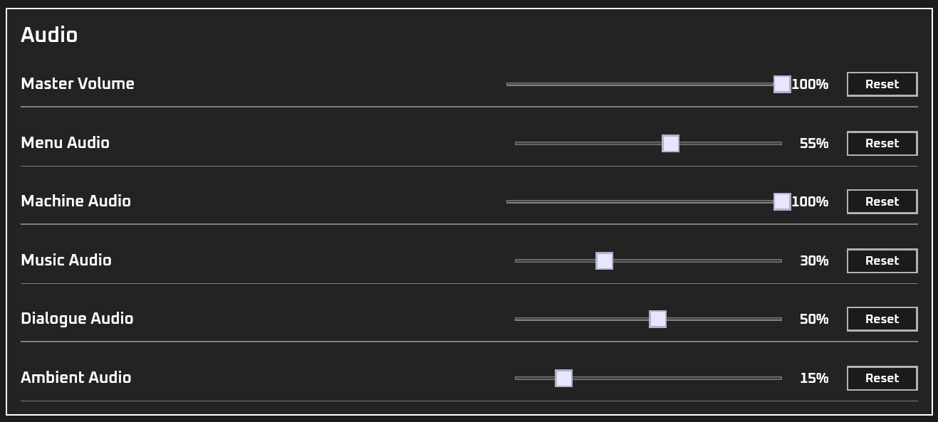 Audioeinstellungen mit getrennten Slidern für Ambient, UI, Musik und Maschinen sowie Auswahl des Ausgabegeräts.