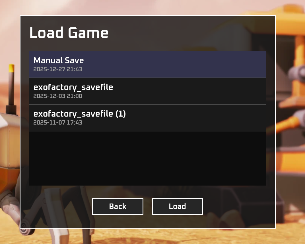 Wir können jetzt das letzte Spiel fortsetzen oder einen bestimmten Spielstand laden.