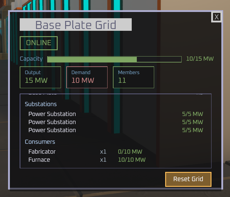 Die Baseplate-Grid-Power-UI zeigt die Gebäude, die von diesem Grid versorgt werden.