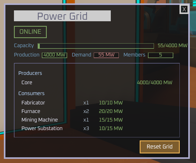 Die Main-Power-Grid-UI sieht nur die Substations, die das Baseplate-Grid speisen.