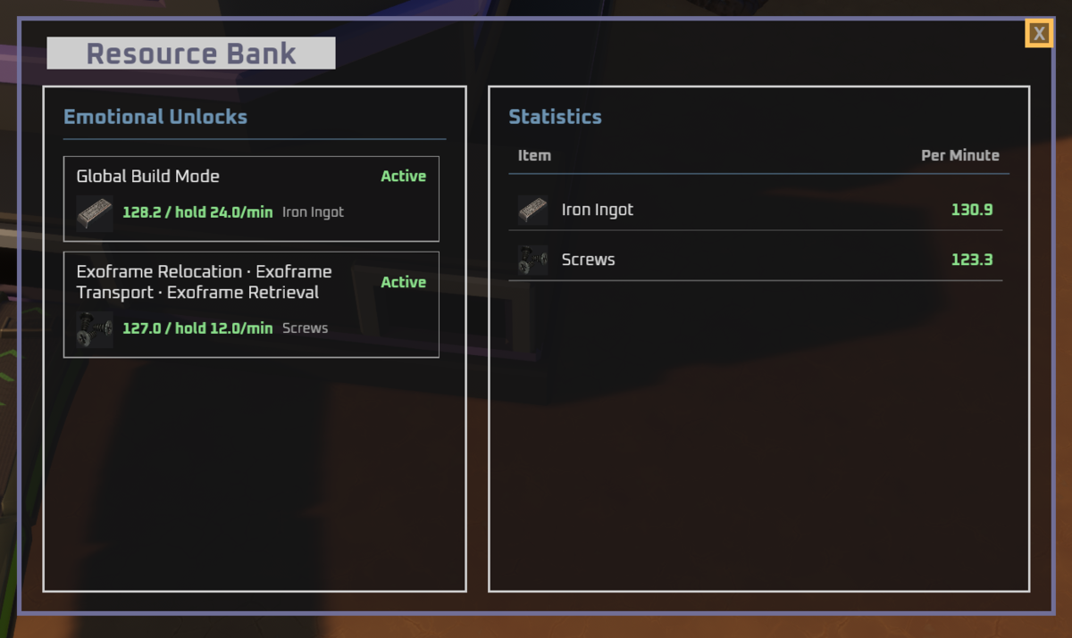 The resource bank interface. You can see what is being banked and what unlocks are available.